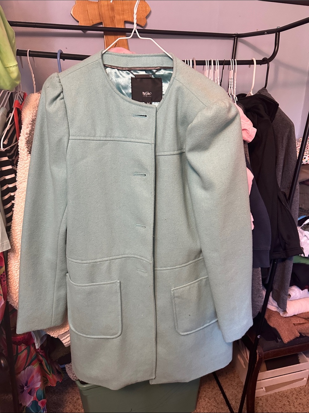 Massimo Light Mint Green Collarless Wool-Blend Pea Coat